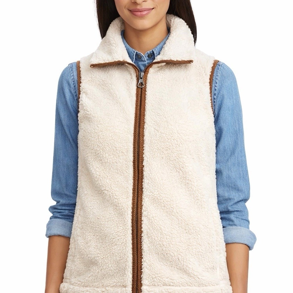 Chaps Sherpa Fleece Vest Women Plus 3X Ivory Full Zip High Neck Utility Cozycore